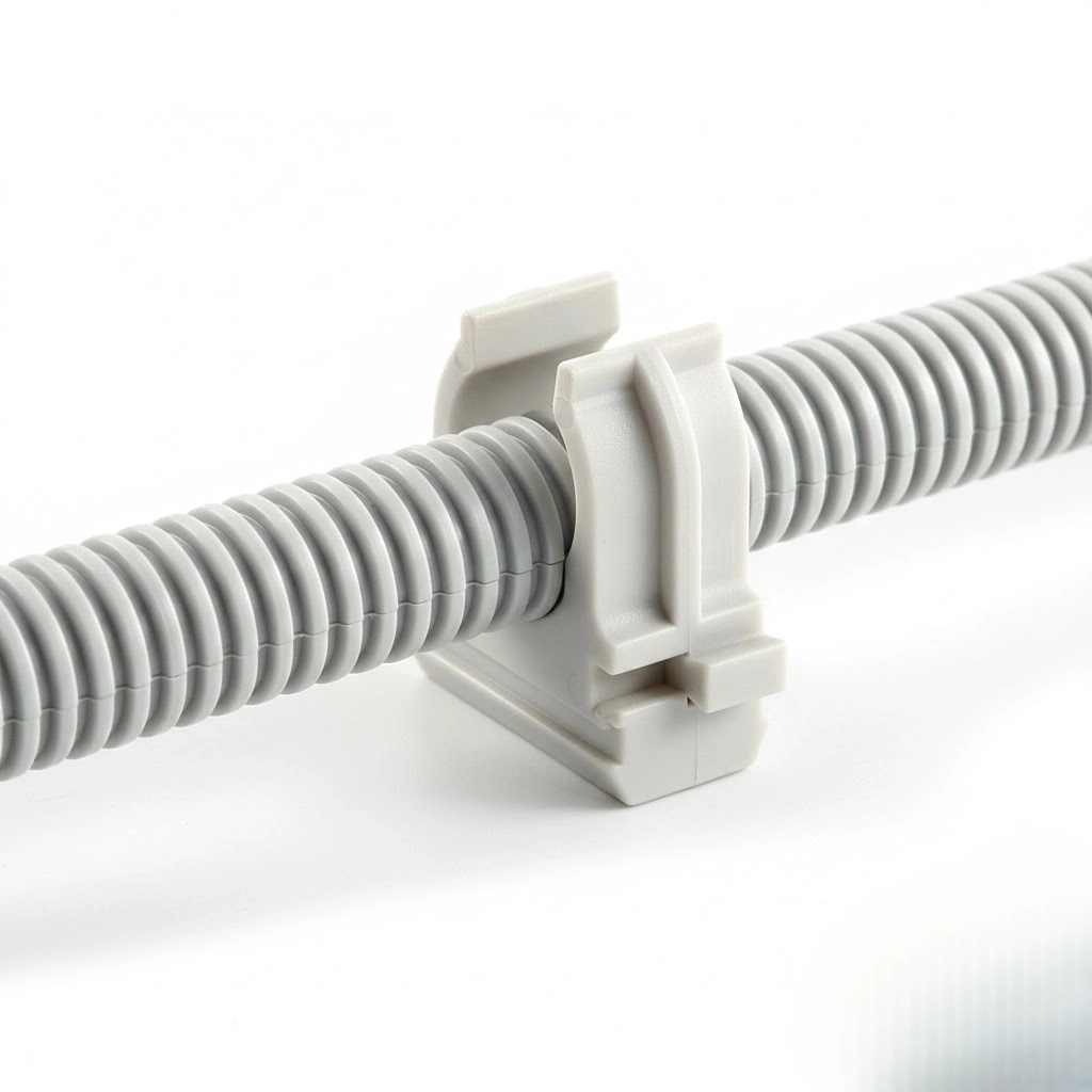 Клипса APRO для гофры 20 мм в процессе монтажа