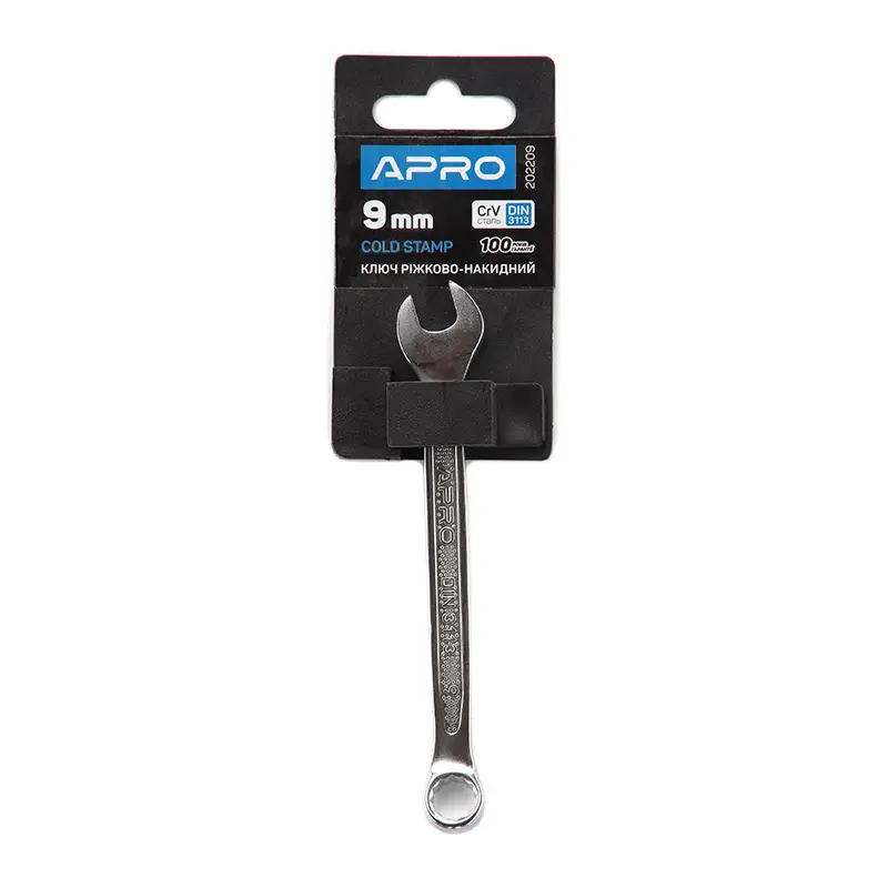 Ключ рожково-накидный CrV 9мм (холодный штамп DIN3113) APRO