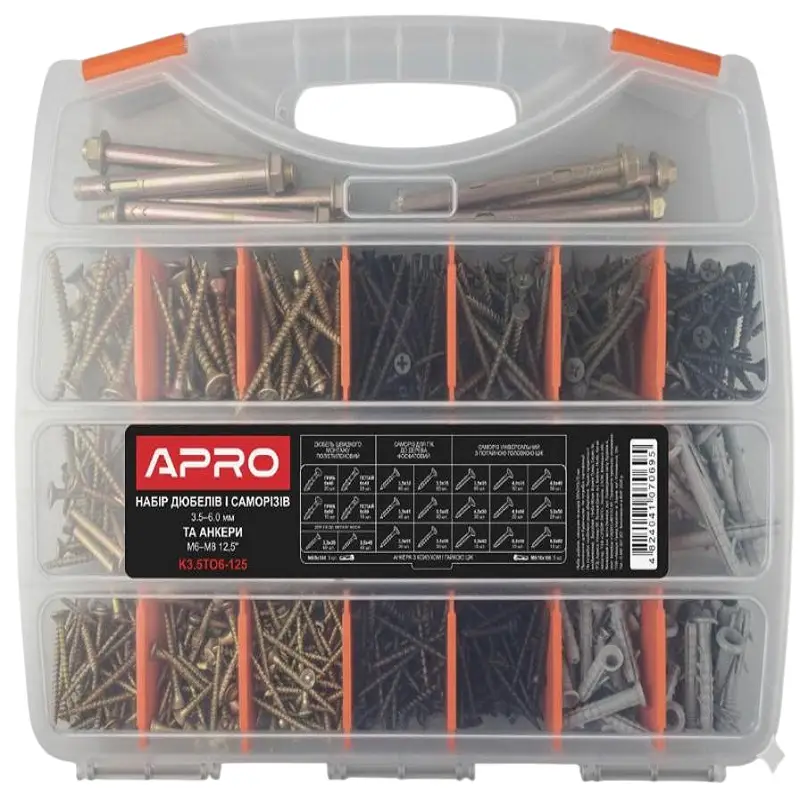 Набор дюбелей и саморезов 3.5–6.0мм и анкеры M6–M8 12,5'' APRO